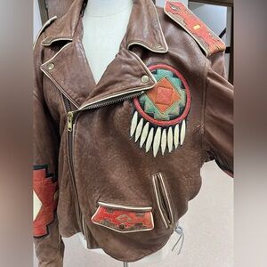 Brown Leather Jacket with Embroidered Patches